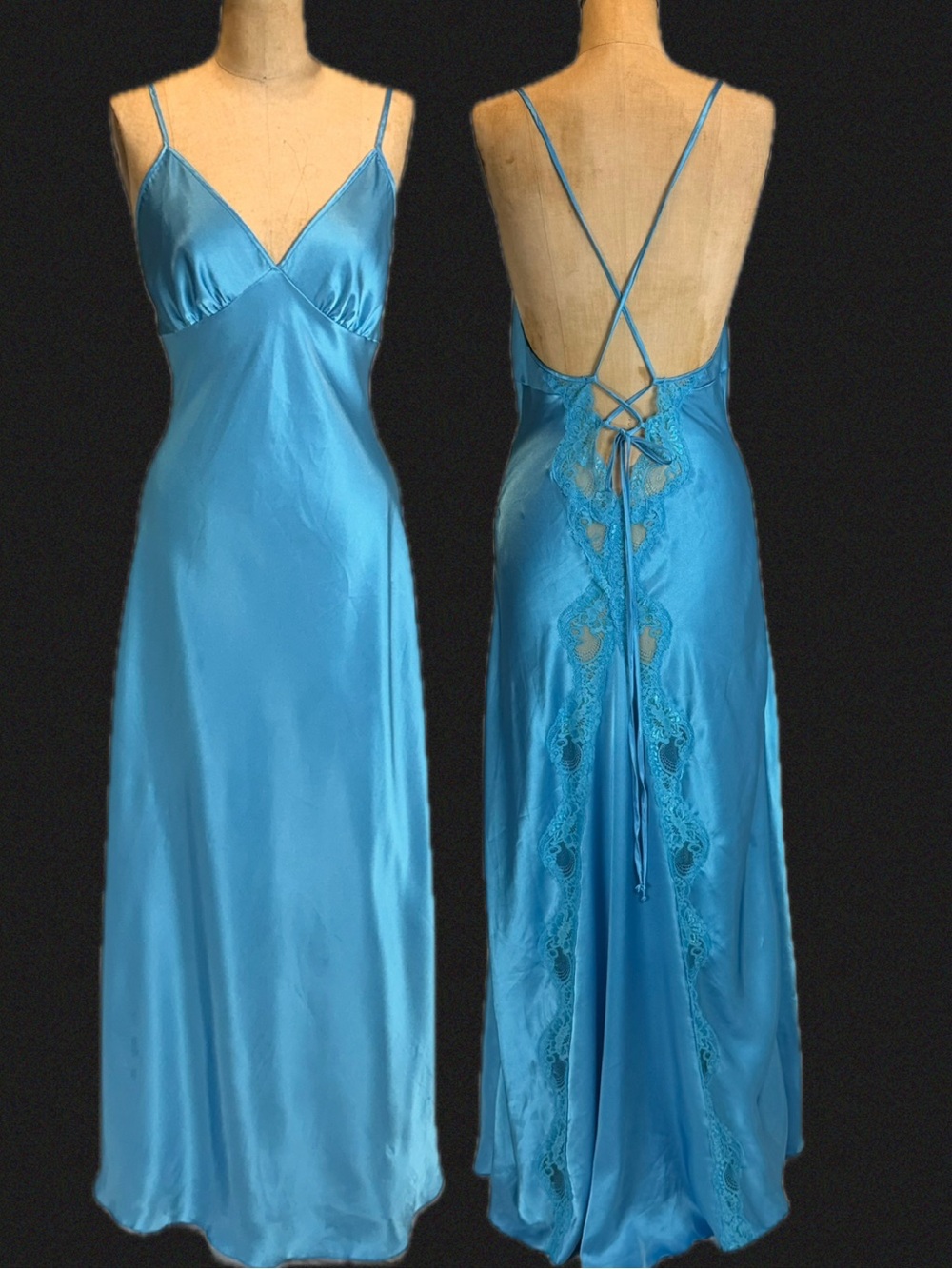 VINTAGE 80s corset strappy lace backless slip dress nightgown evening‎ gown teal